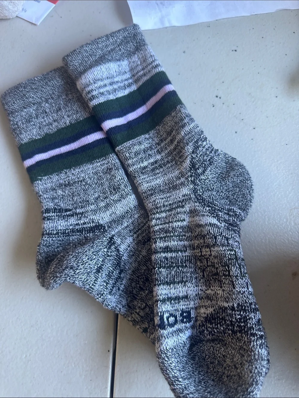 Men's Bombas Marled Grey Crew Socks with Green & Pink Accent R0187